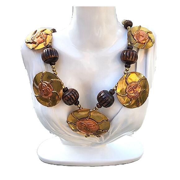 Artisan Contrast Brass Sun Disc Wood Bead Welded Boho Necklace Vintage - Picture 8 of 11